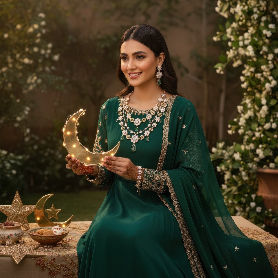 Elegant woman celebrating eid with jewelry google gemini prompt