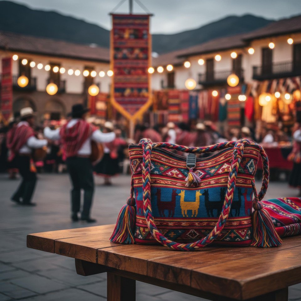 Peruvian textile handbag in andean plaza with alpaca wool google gemini prompt