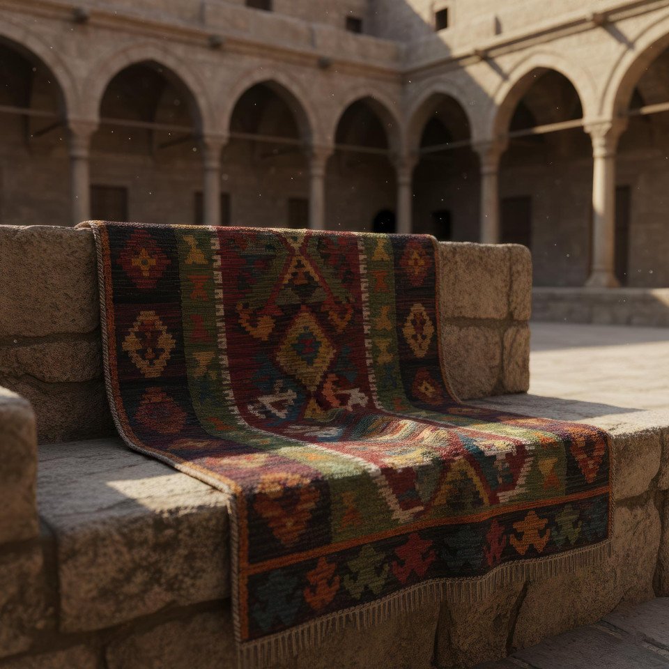 Turkish kilim textile in historic caravanserai with hand knotted wool google gemini prompt