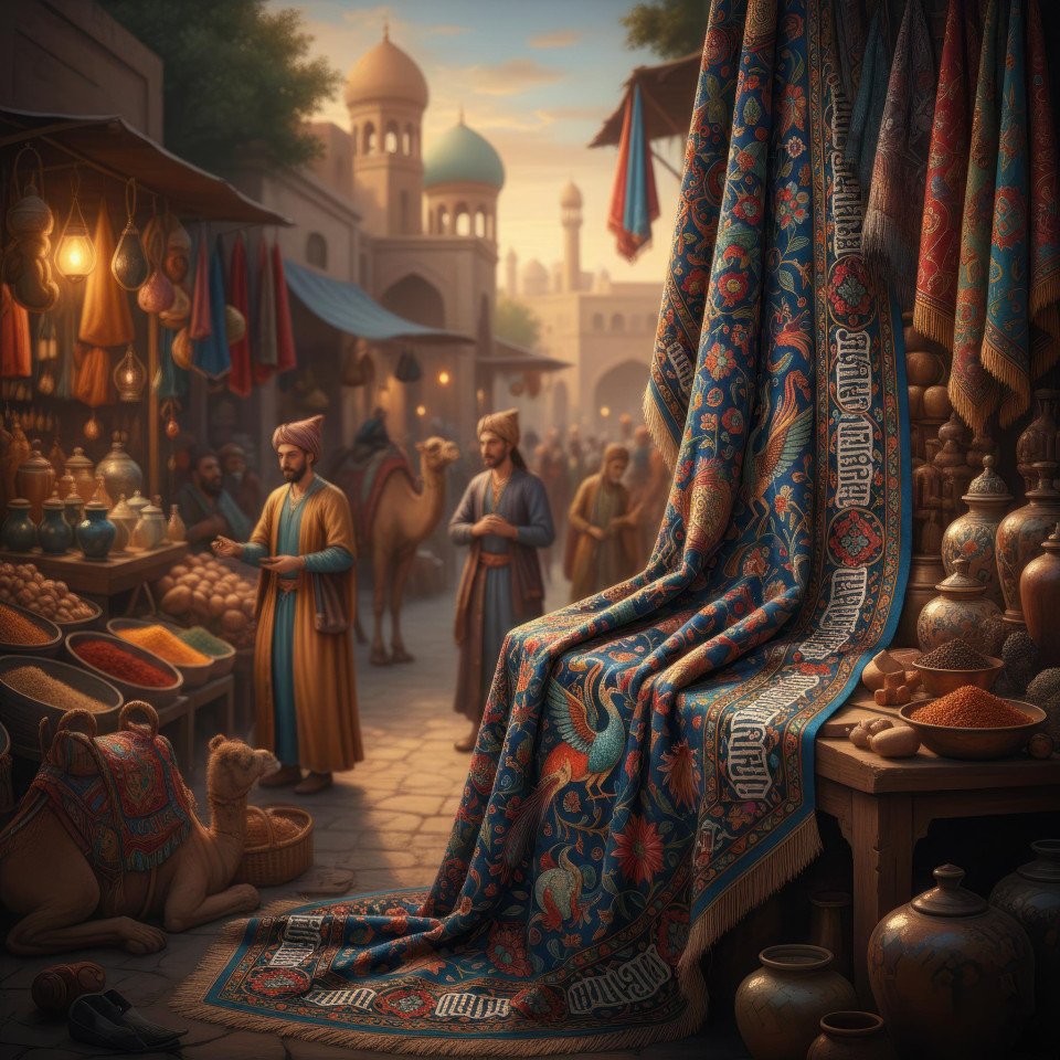 Persian miniature textile in bustling bazaar with silk embroidery google gemini prompt