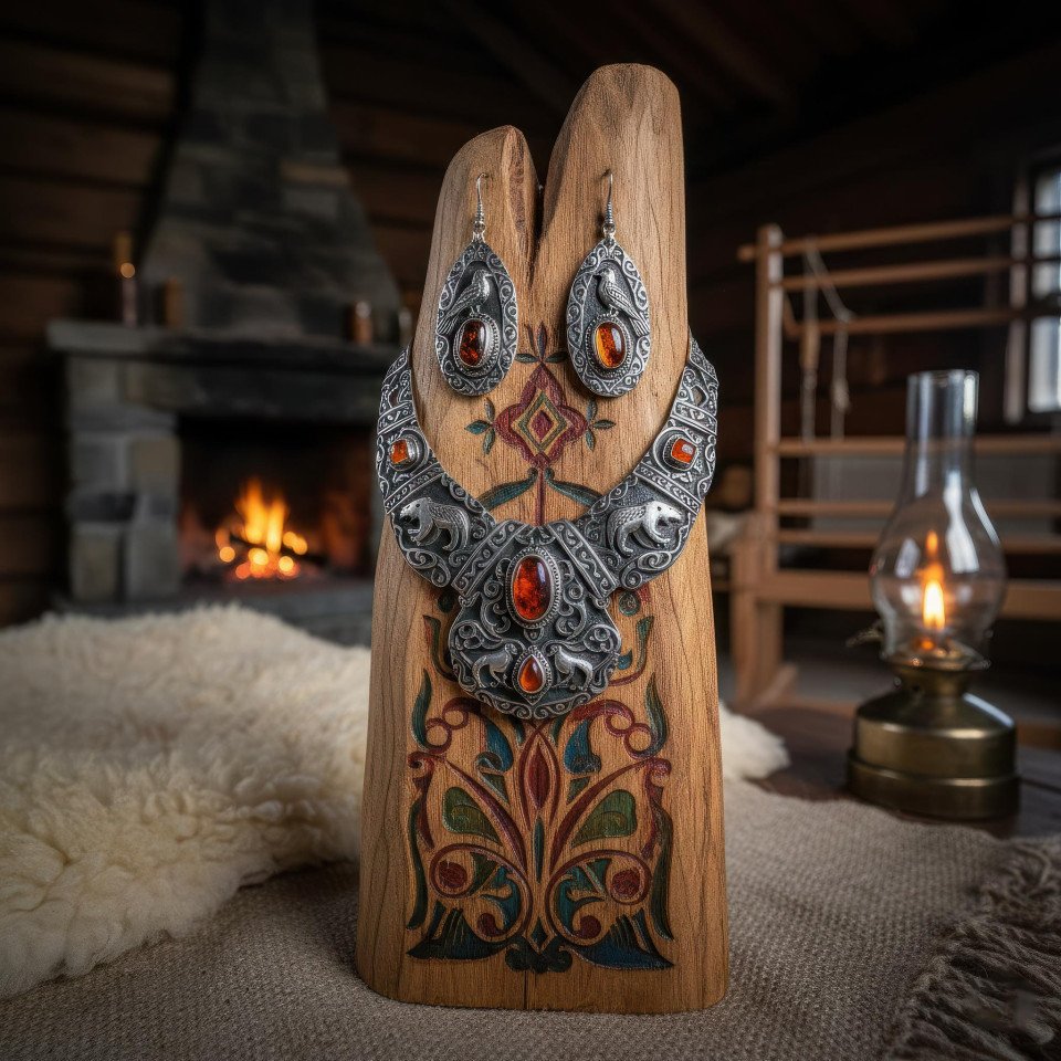 Nordic folk jewelry in rustic wooden cabin with carved pinewood google gemini prompt