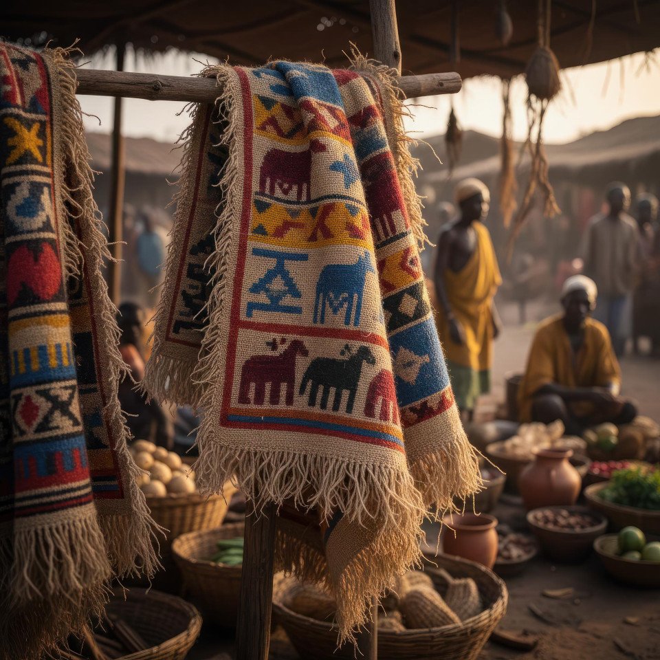 African tribal textile in village marketplace with raffia weaving google gemini prompt