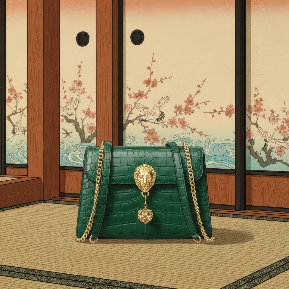 Japanese ukiyo e handbag in tatami room with lacquered wood google gemini prompt