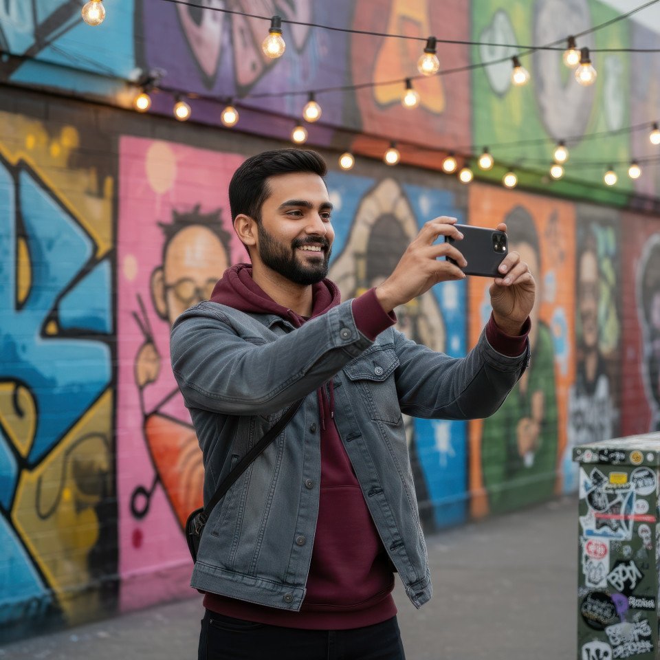 Male lifestyle vlogger at street art fair portrait google gemini prompt