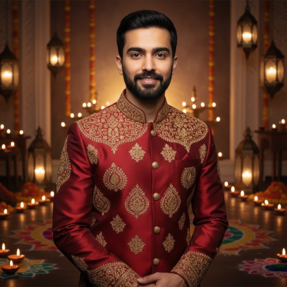 Male fashion influencer celebrating diwali night portrait google gemini prompt