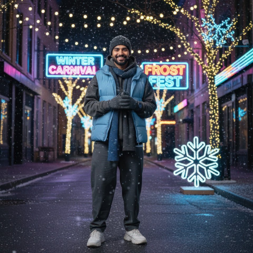 Male fashion blogger at winter city carnival portrait google gemini prompt