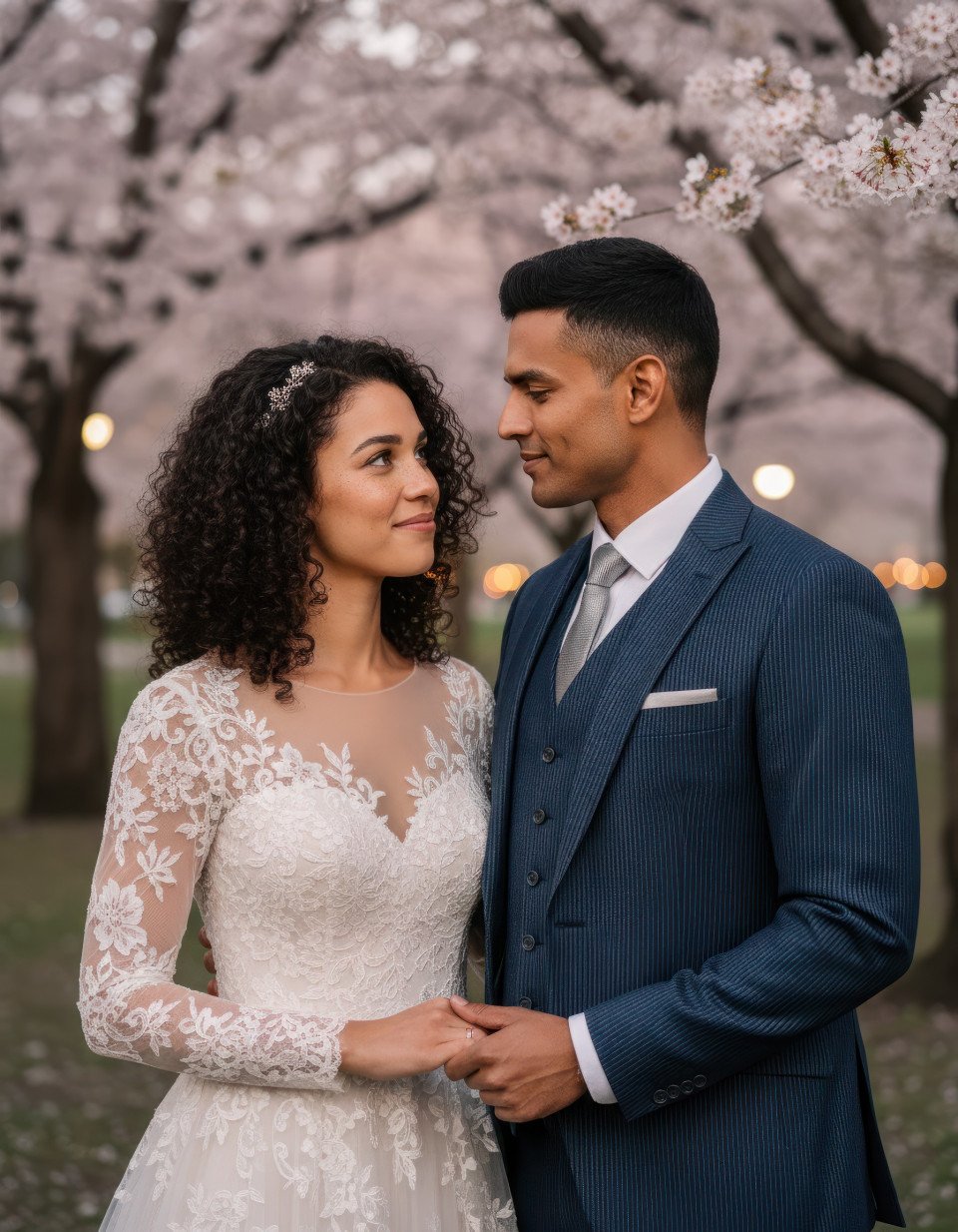 Eloping couple in cherry blossom park google gemini prompt