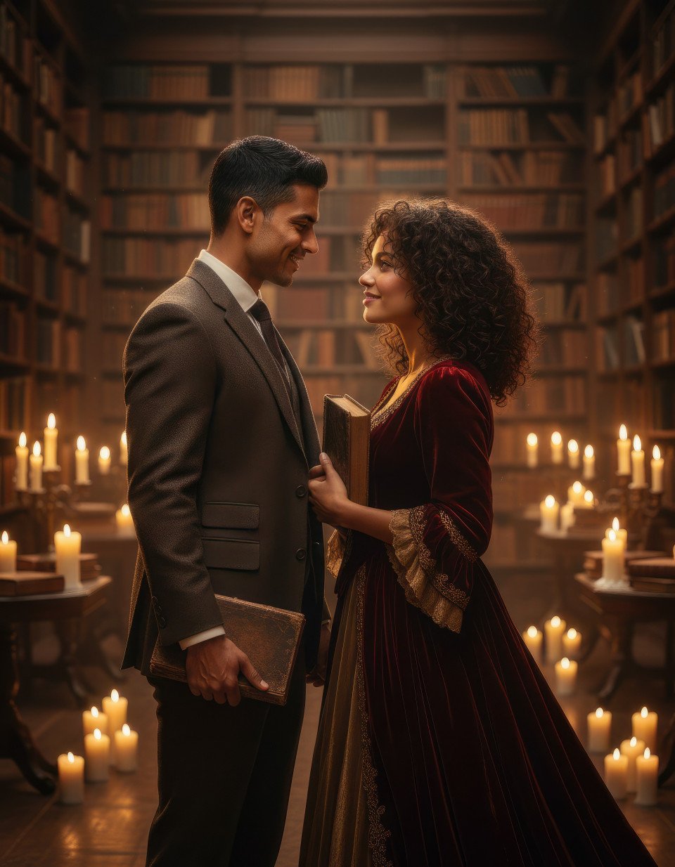 Romantic library couple portrait google gemini prompt