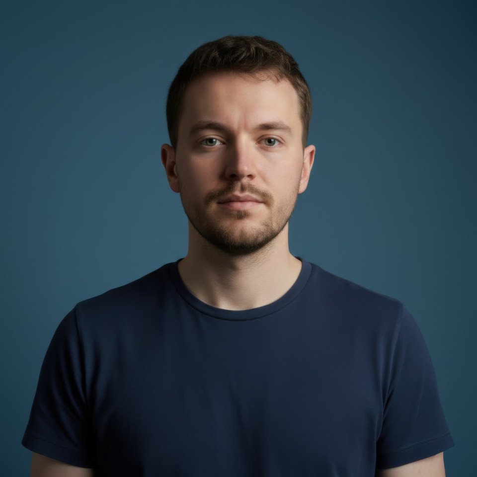 Professional studio portrait on slate blue background google gem