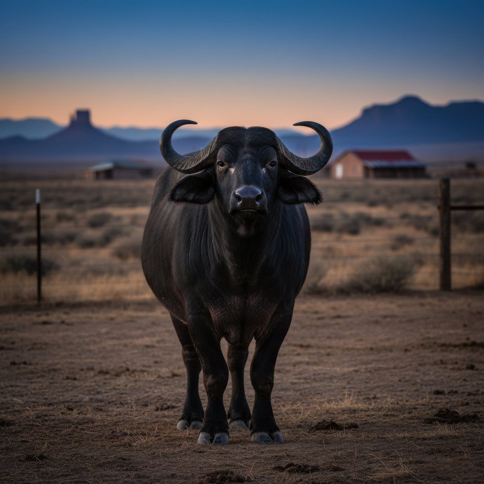 Murrah buffalo standing in desert ranch twilight google gemini prompt