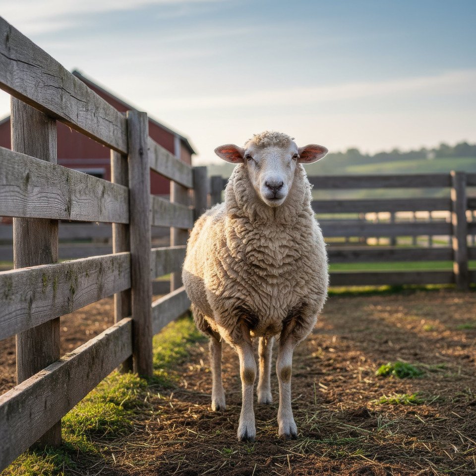 Merino sheep standing in rustic corral morning google gemini prompt