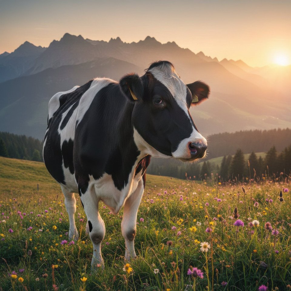 Holstein cow standing in alpine meadow at sunrise google gemini prompt