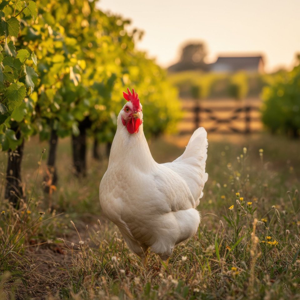 Leghorn chicken standing by vineyard edge google gemini prompt