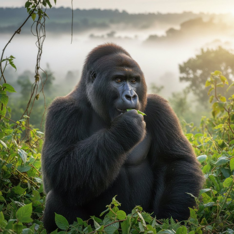 Mountain gorilla in misty jungle sunrise google gemini prompt