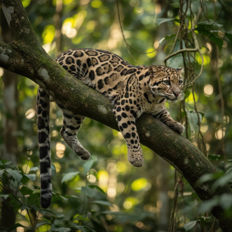 Clouded leopard in tropical rainforest golden hour google gemini prompt