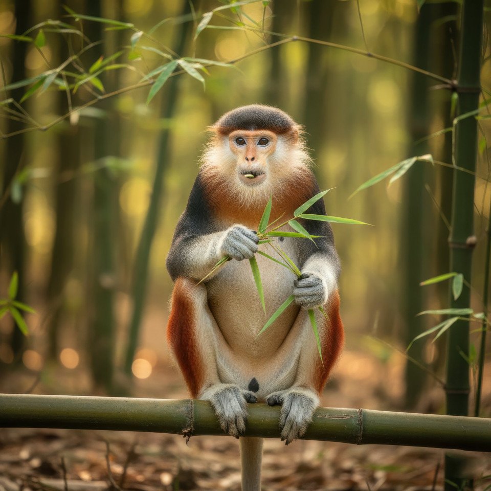 Red shanked douc monkey in bamboo forest late afternoon google gemini prompt
