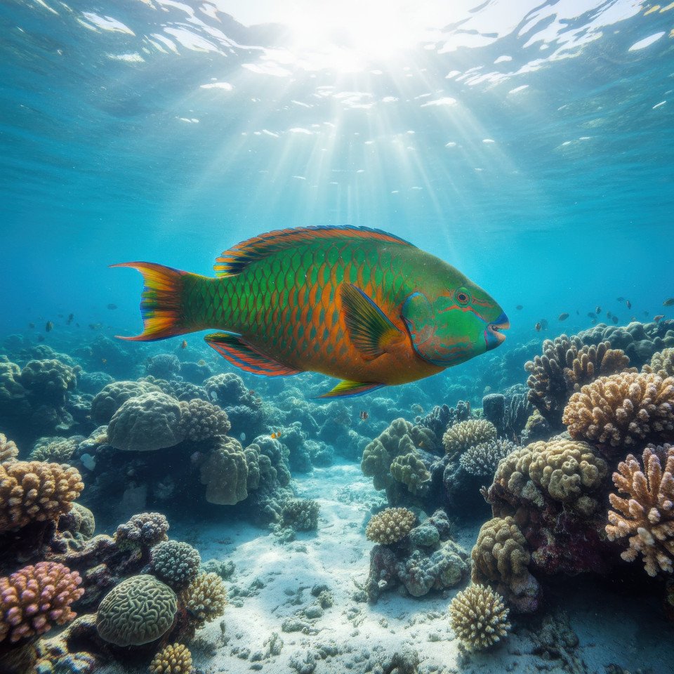 Parrotfish swimming in tropical coral reef google gemini prompt