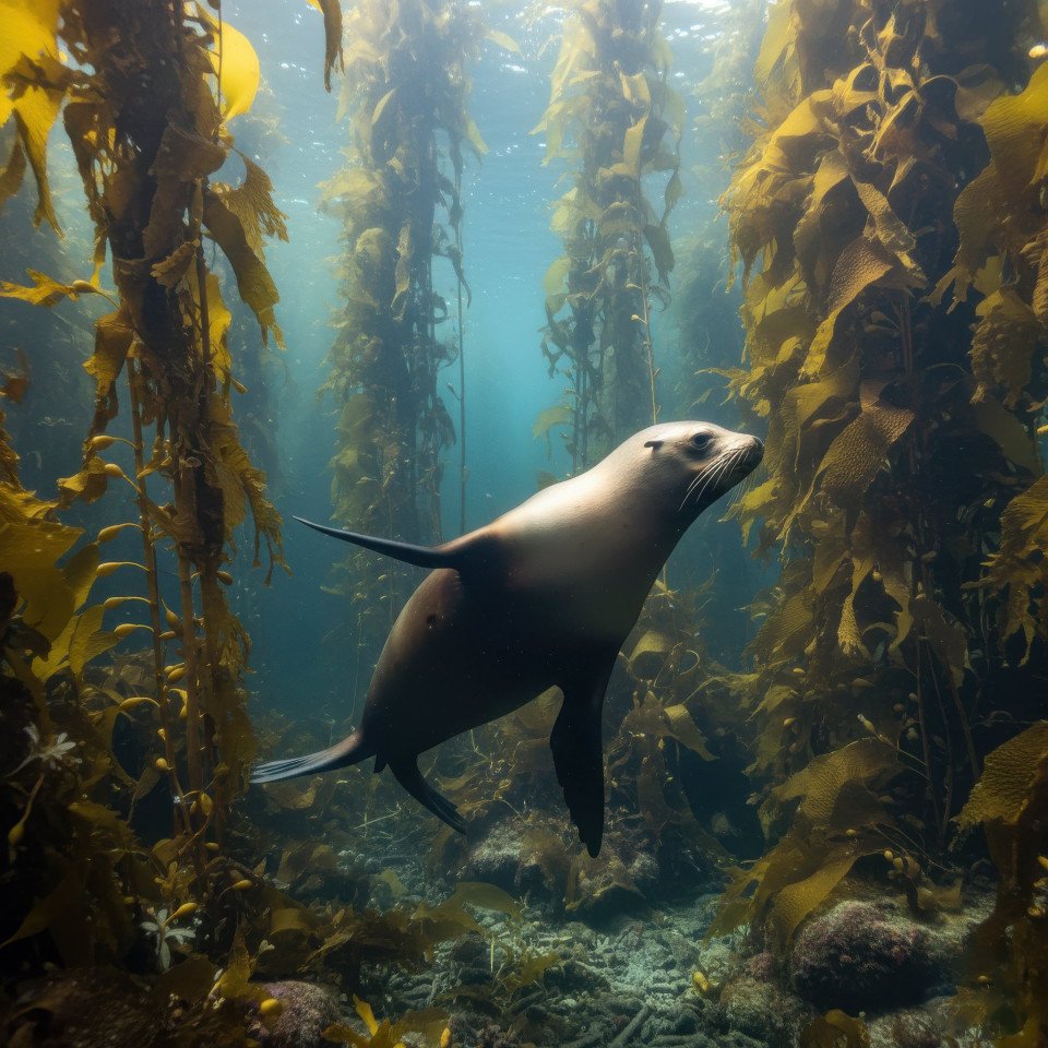 Sea lion swimming through kelp forest google gemini prompt
