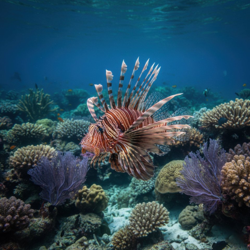 Lionfish swimming in coral reef ecosystem google gemini prompt