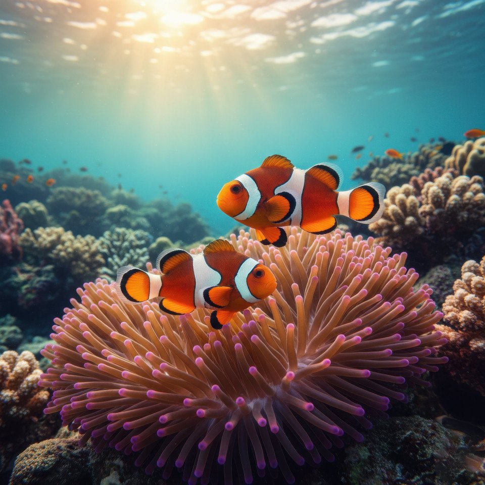 Clownfish swimming near sea anemone google gemini prompt