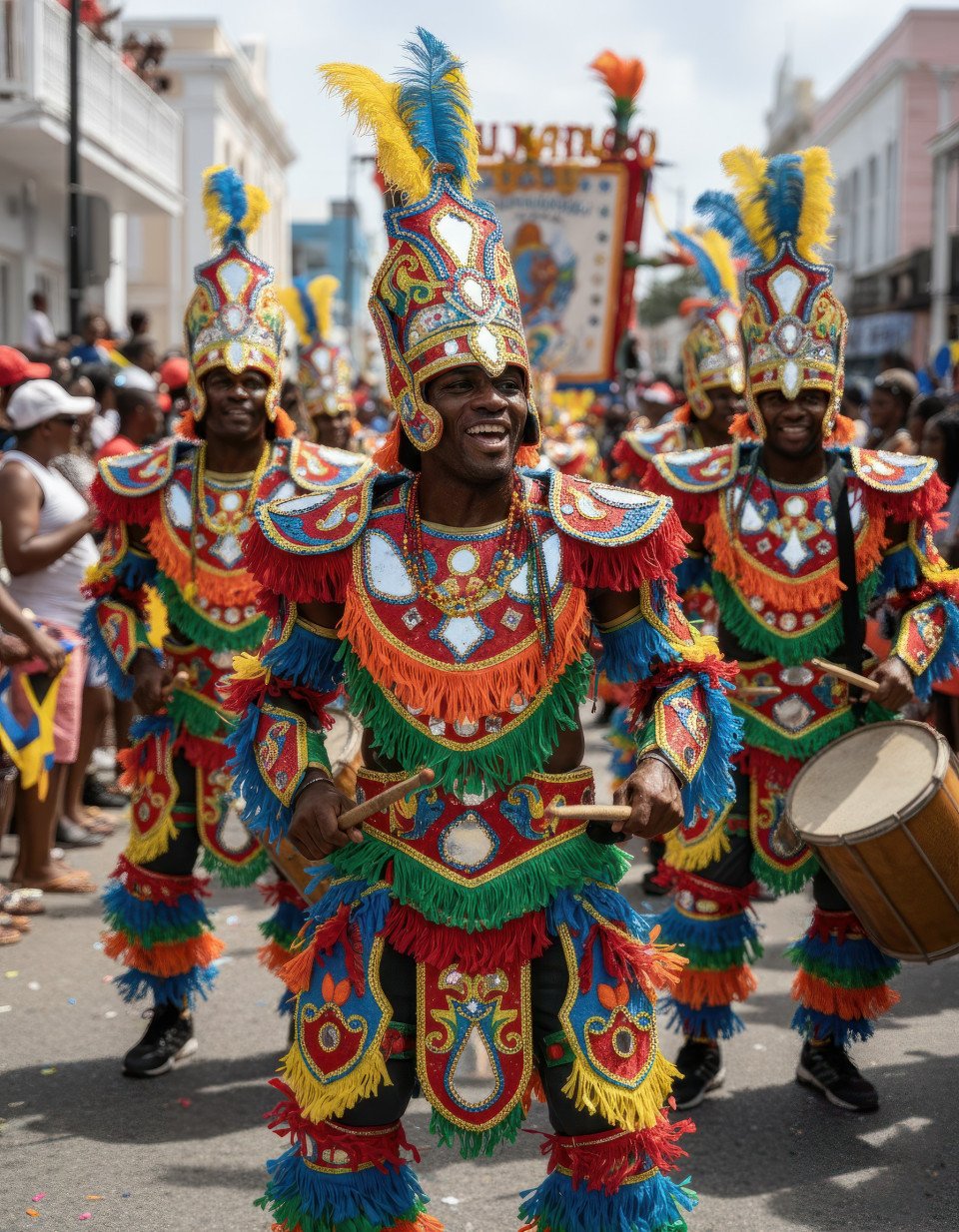 Afro caribbean men celebrating junkanoo festival google gemini prompt