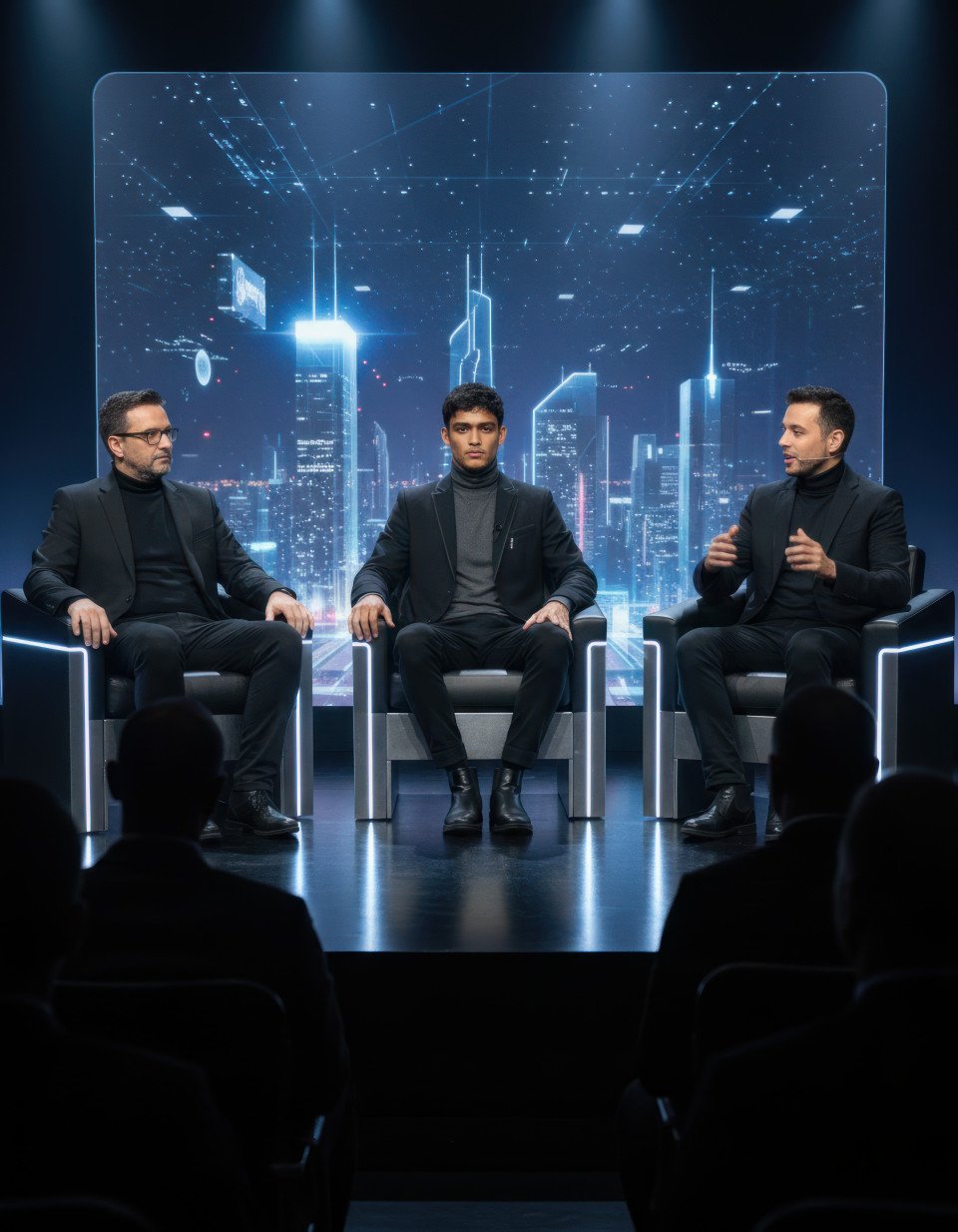 Futuristic startup leaders panel discussion event google gemini prompt