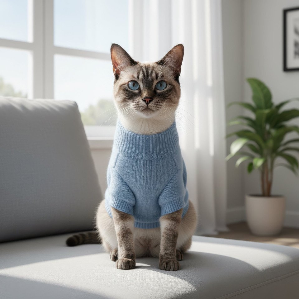 Siamese cat wearing cashmere sweater indoors google gemini prompt