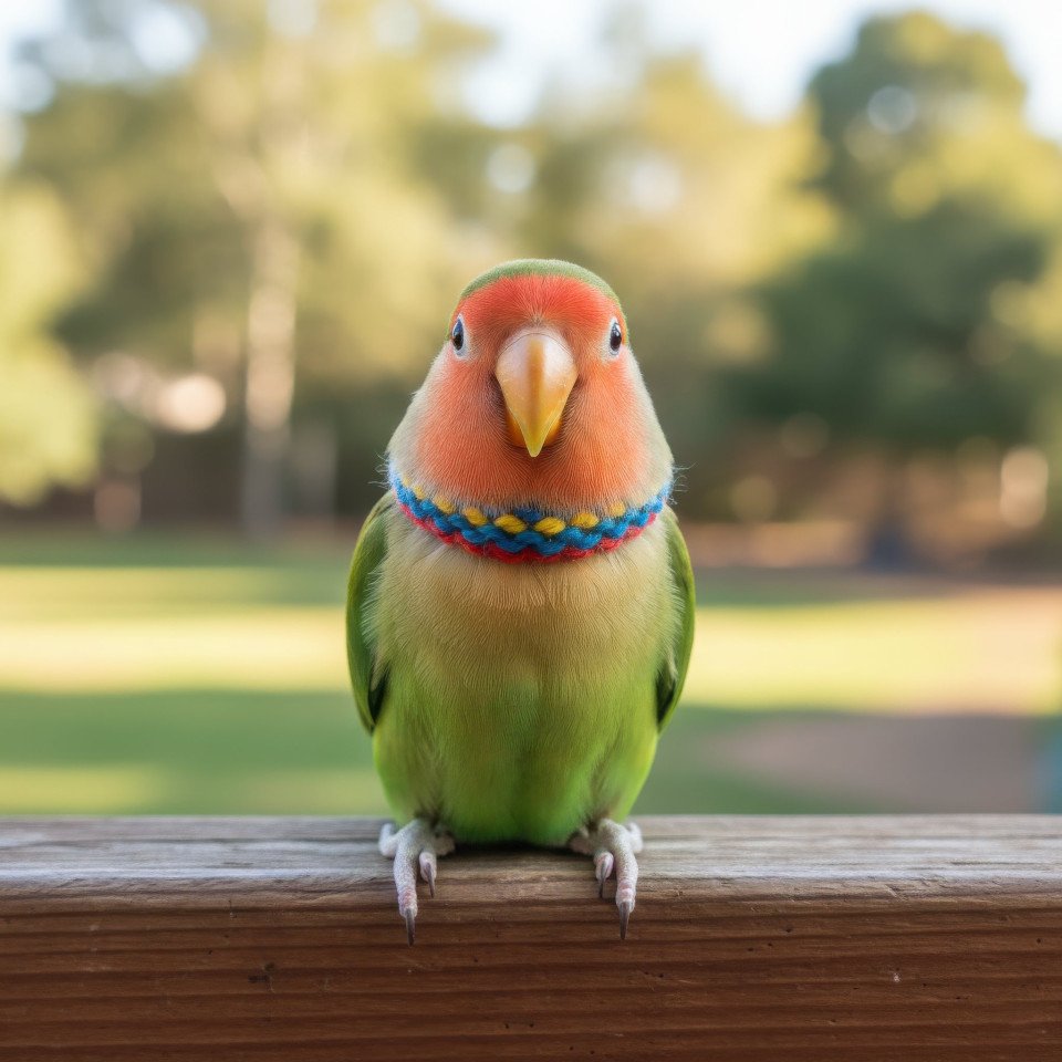 Lovebird wearing knit collar on balcony google gemini prompt