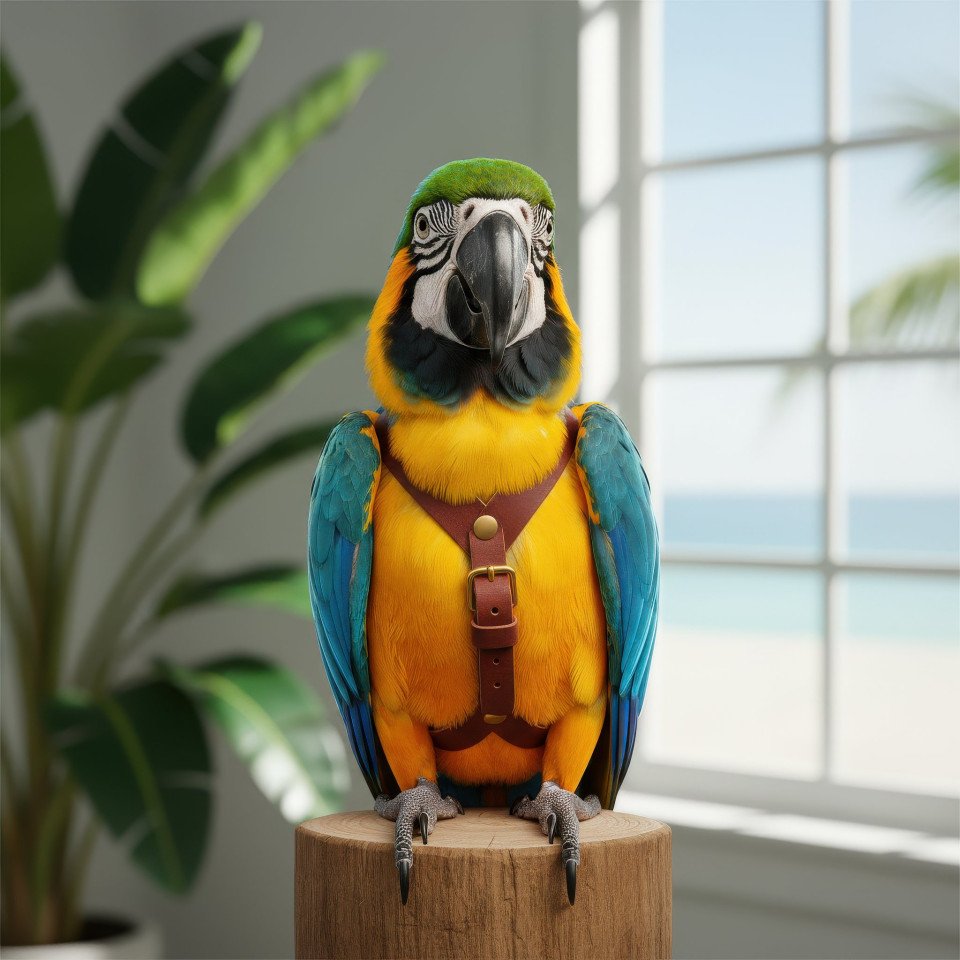Blue and gold macaw wearing leather harness google gemini prompt