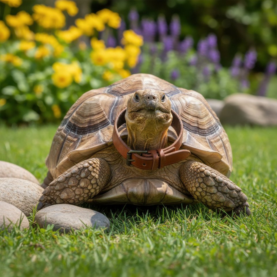 Sulcata tortoise wearing leather collar outdoors google gemini prompt