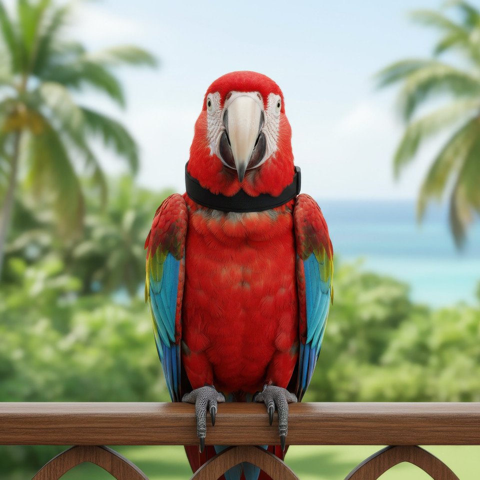 Scarlet macaw wearing nylon collar on balcony google gemini prompt