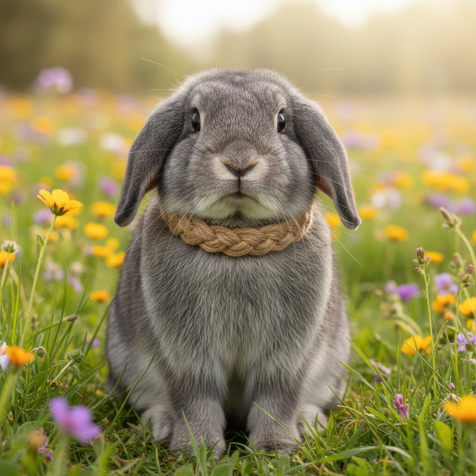 Holland lop rabbit wearing hemp collar outdoors google gemini prompt