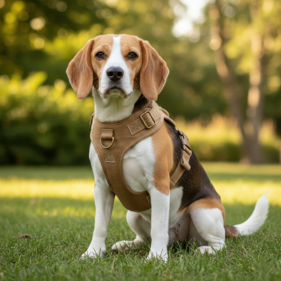 Beagle wearing canvas harness sitting in garden google gemini prompt