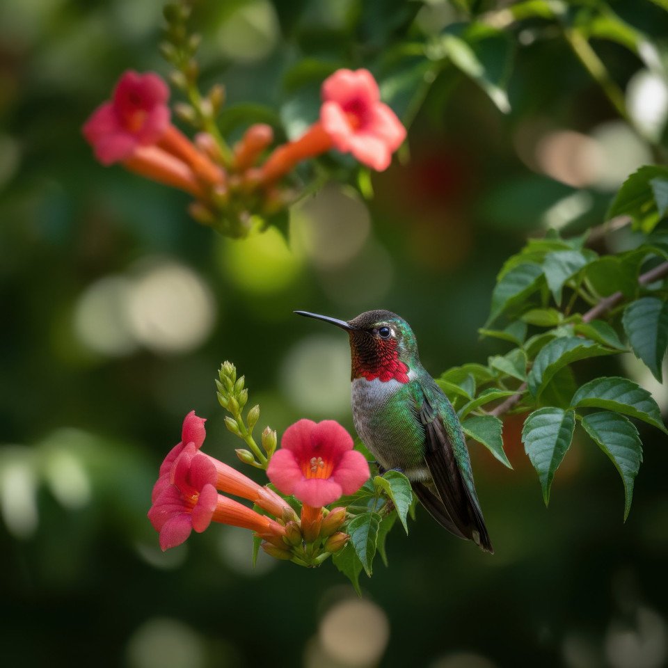 Ruby throated hummingbird on flowering branch google gemini prompt