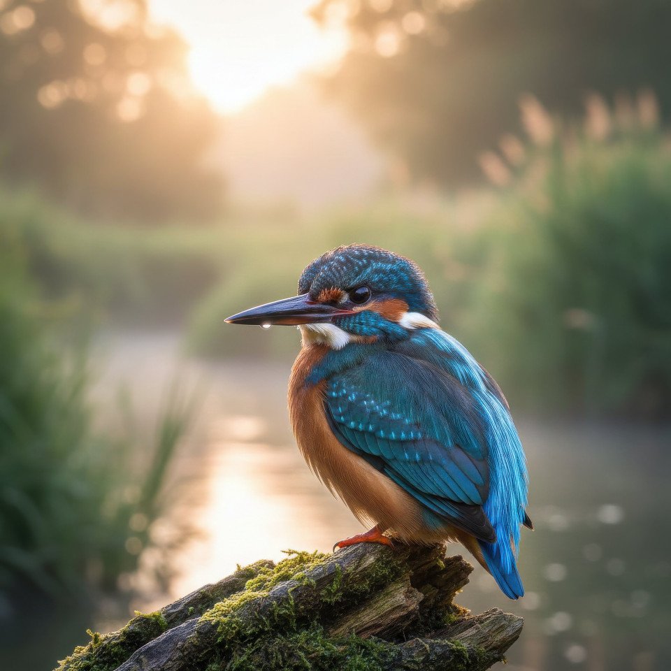 Kingfisher perched on mossy log at sunrise google gemini prompt