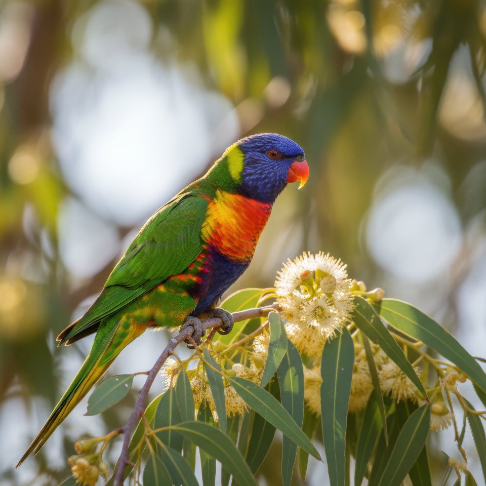 Rainbow lorikeet on eucalyptus branch google gemini prompt