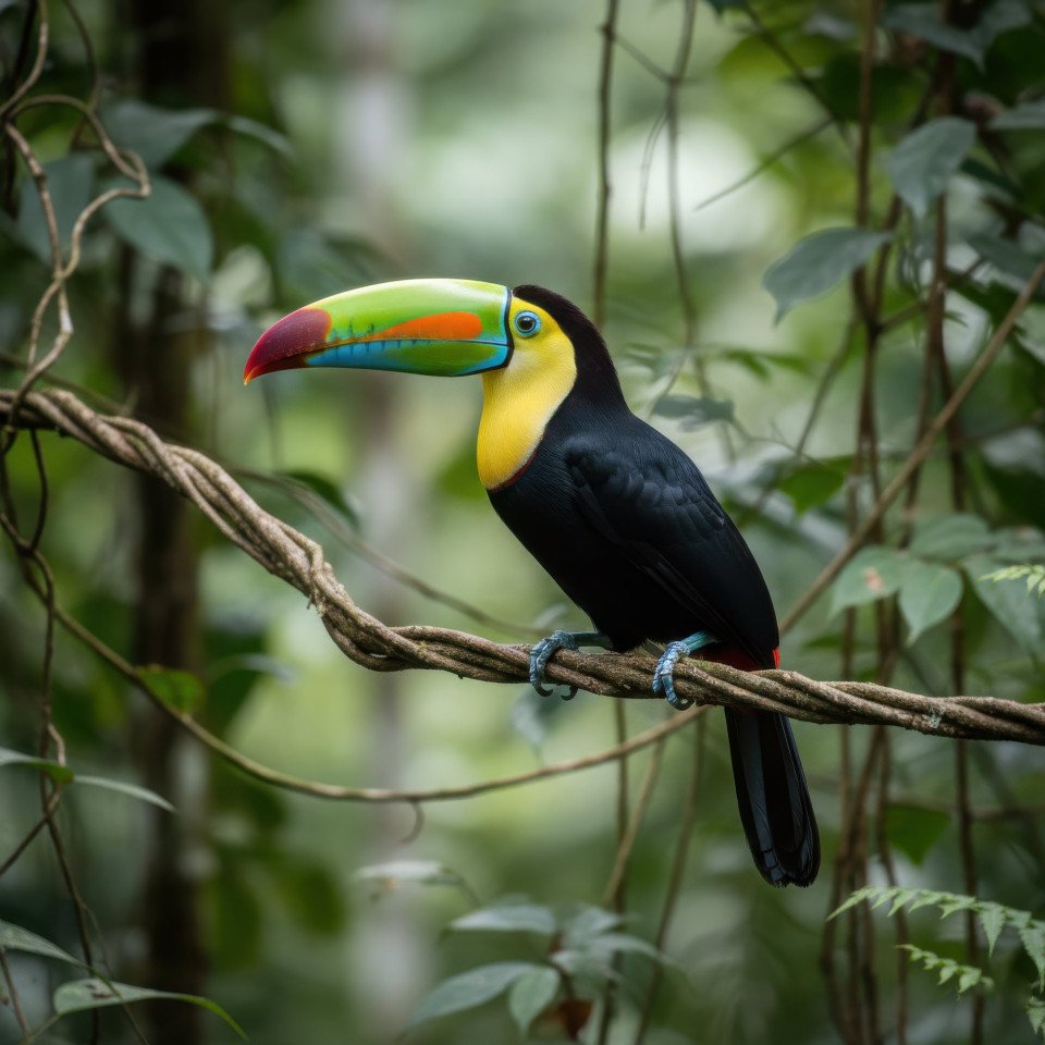 Keel billed toucan perched in rainforest google gemini prompt