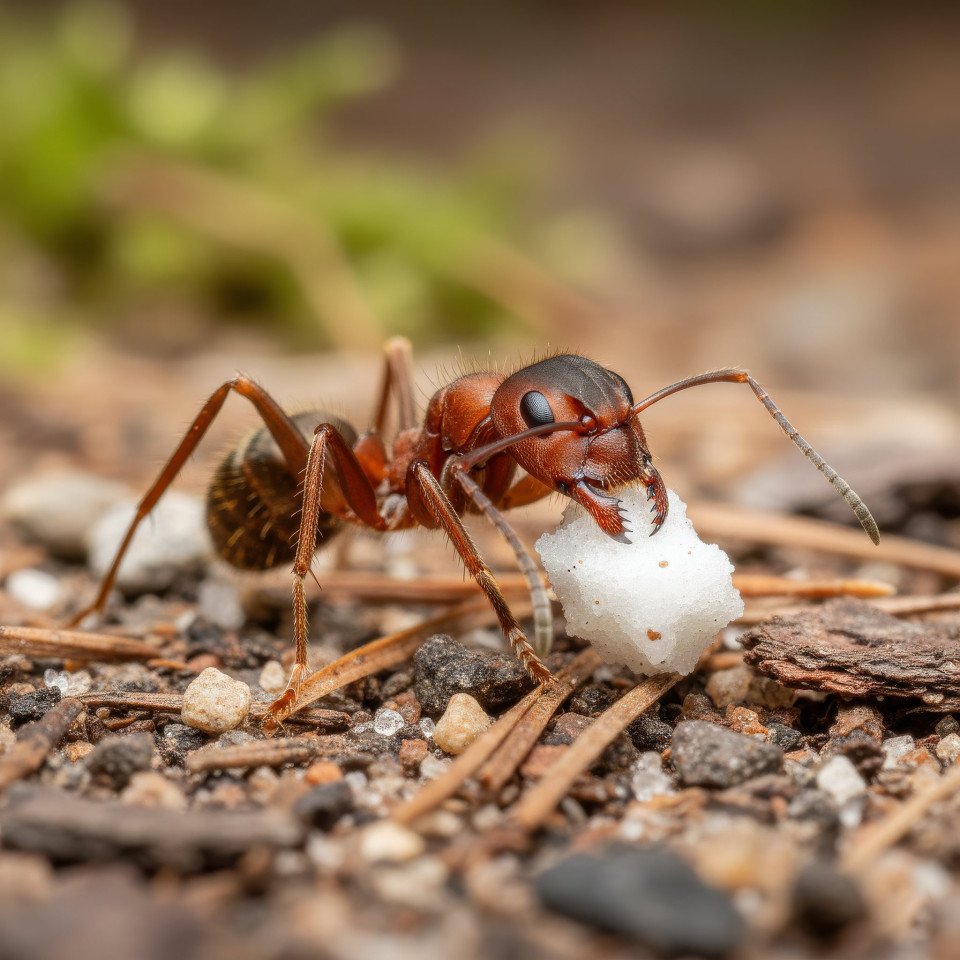 Ant carrying food on forest floor macro google gemini prompt