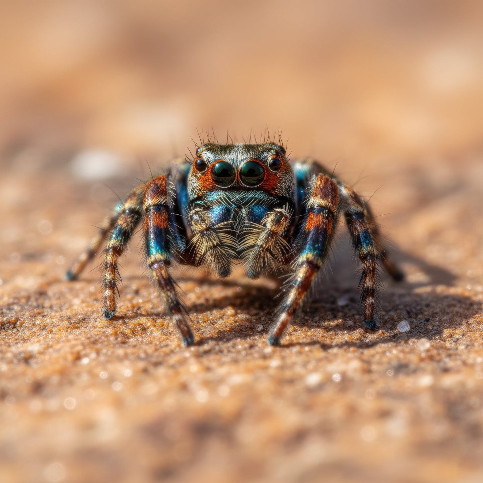 Jumping spider alert on sunlit rock macro google gemini prompt