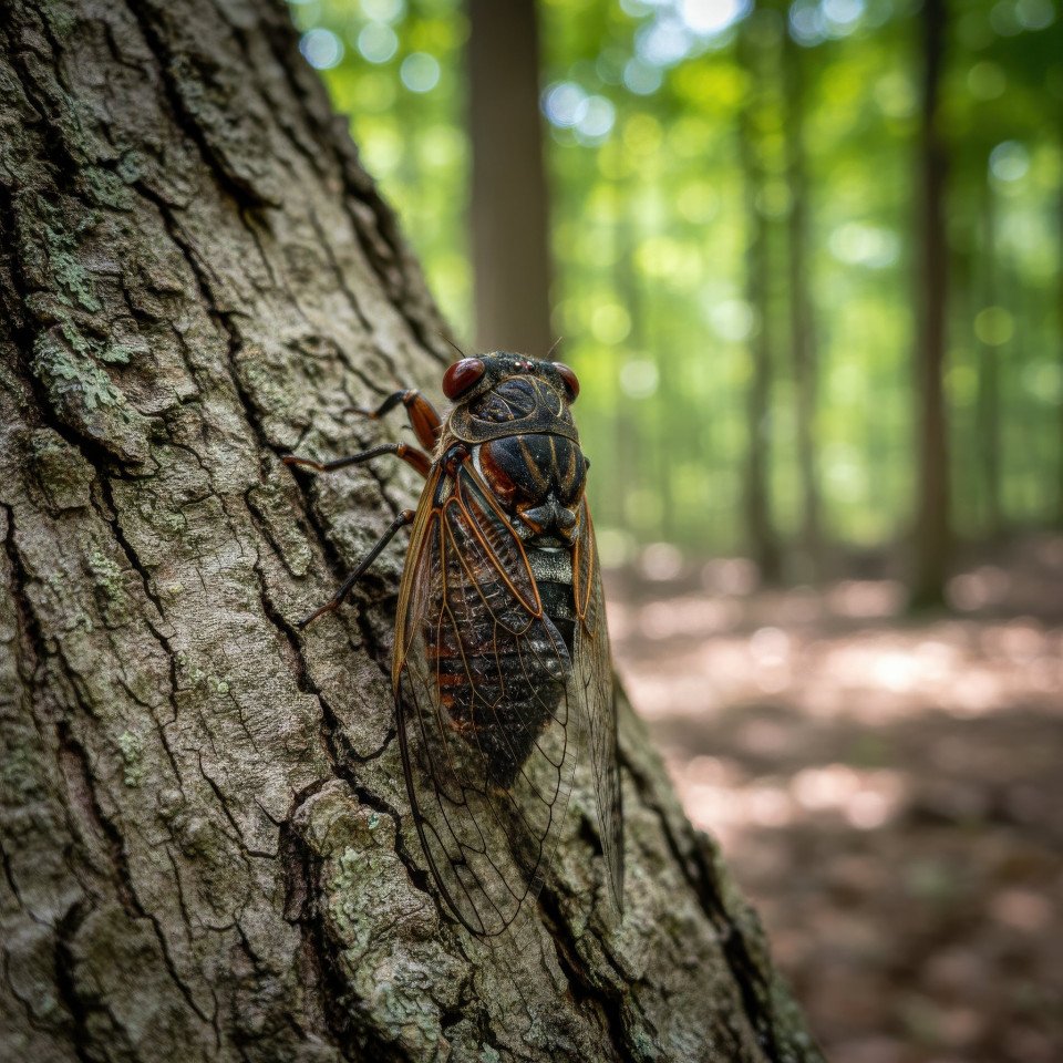 Cicada resting on tree bark macro google gemini prompt