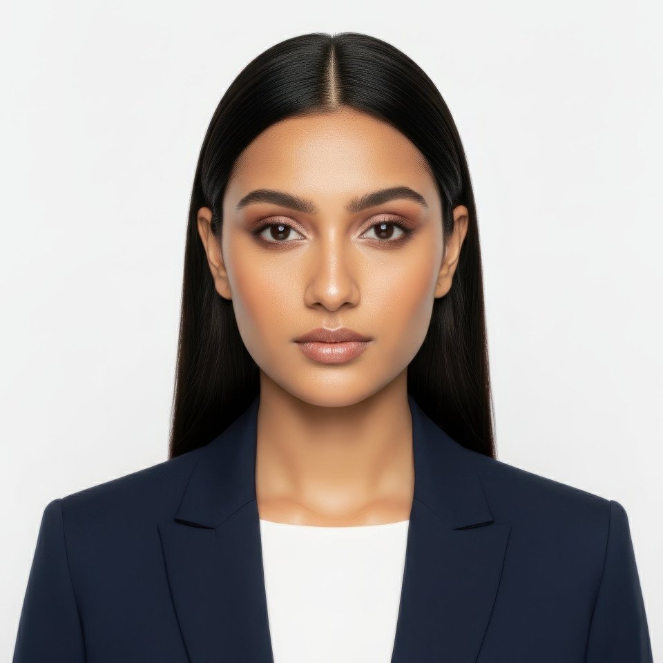 Corporate content creator in navy and white business attire google gemini prompt