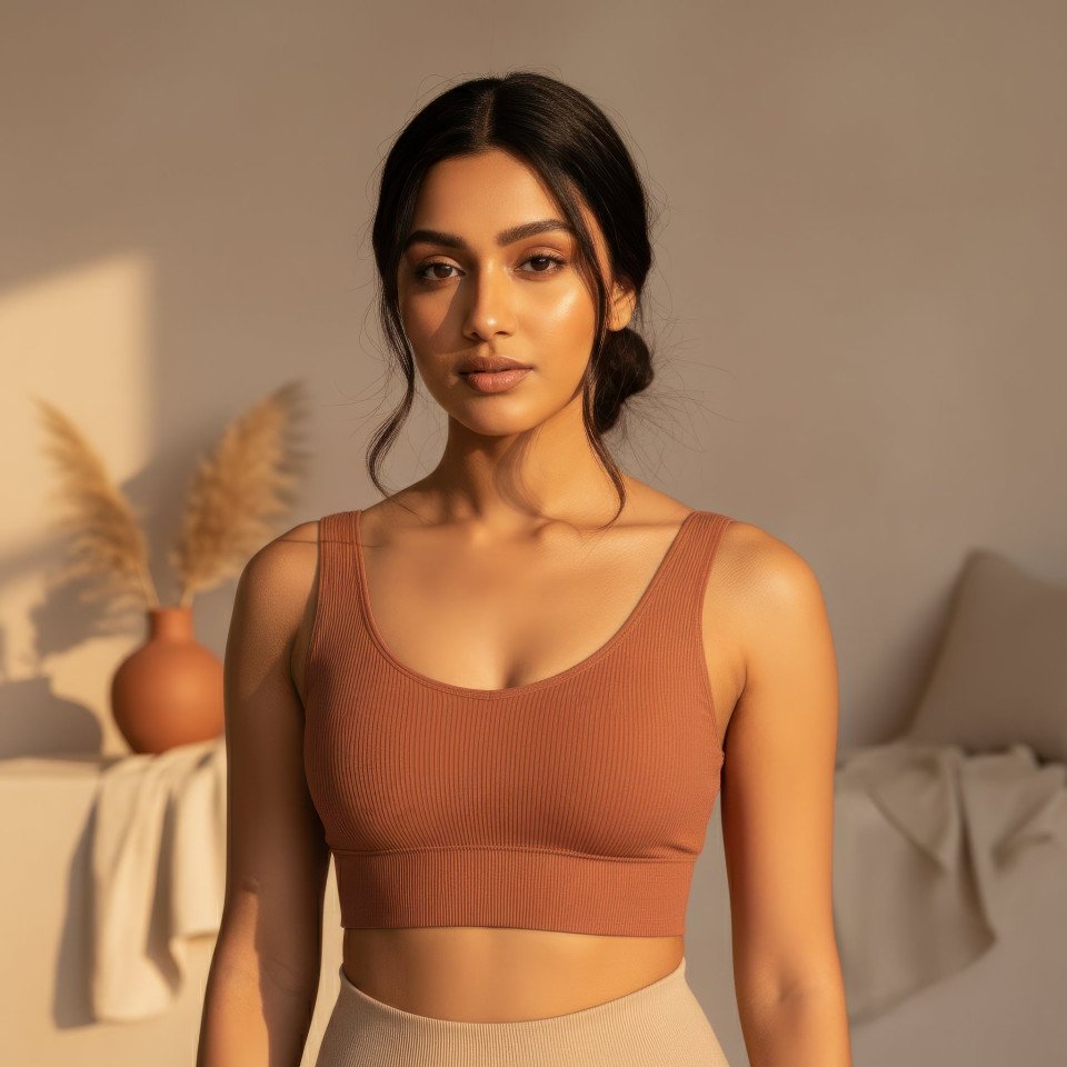Wellness influencer in soft clay activewear with natural lighting google gemini prompt