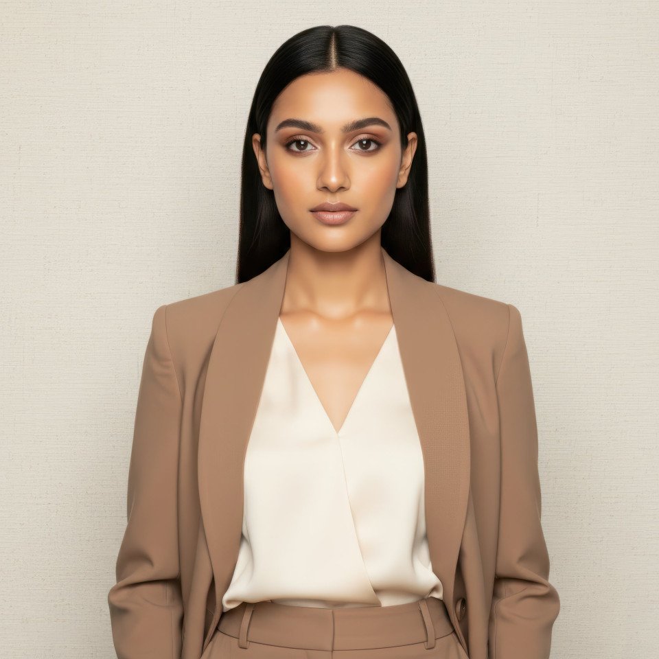Business consultant in warm taupe business casual attire google gemini prompt