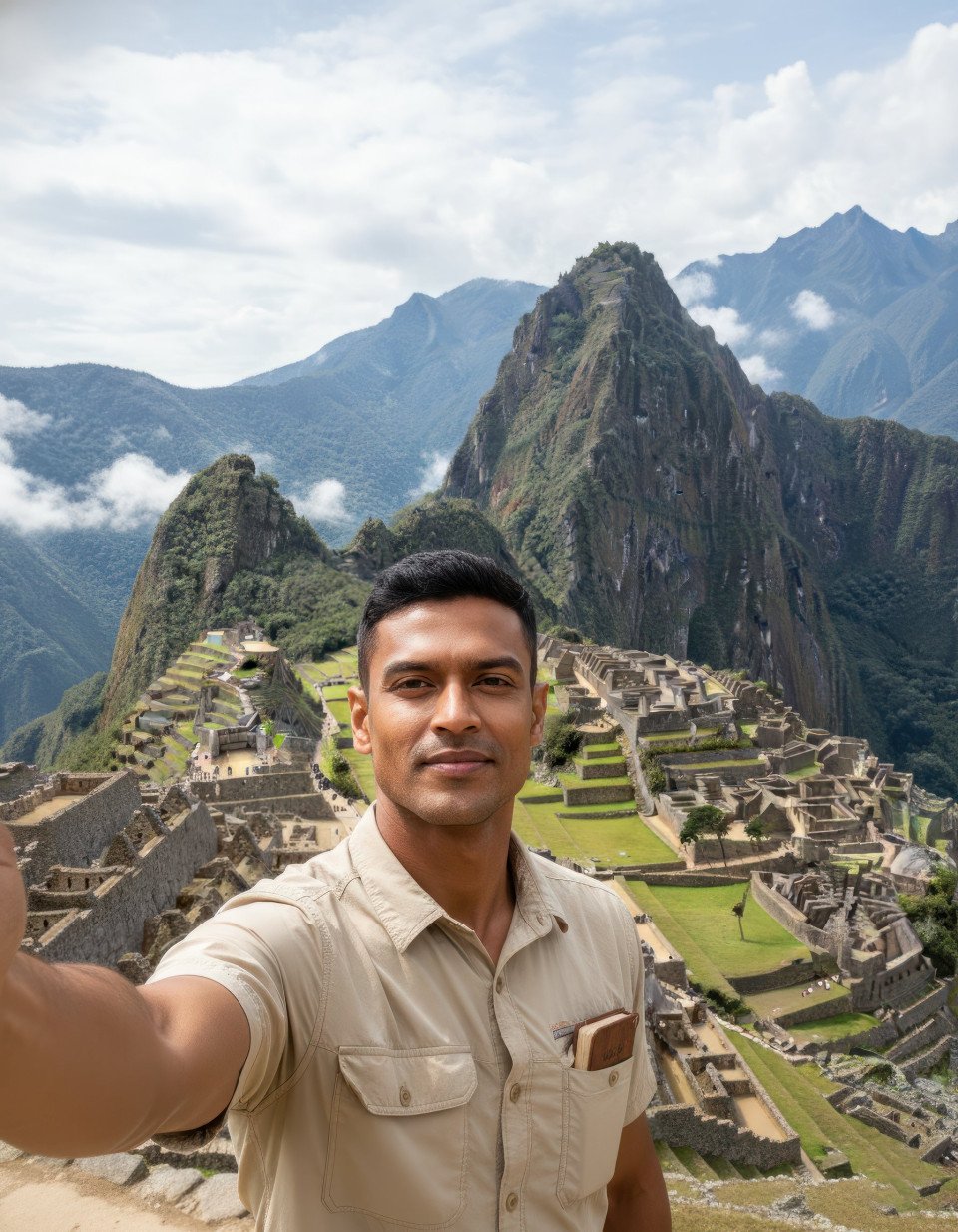 Travel selfie of history buff at machu picchu terraces google gemini prompt