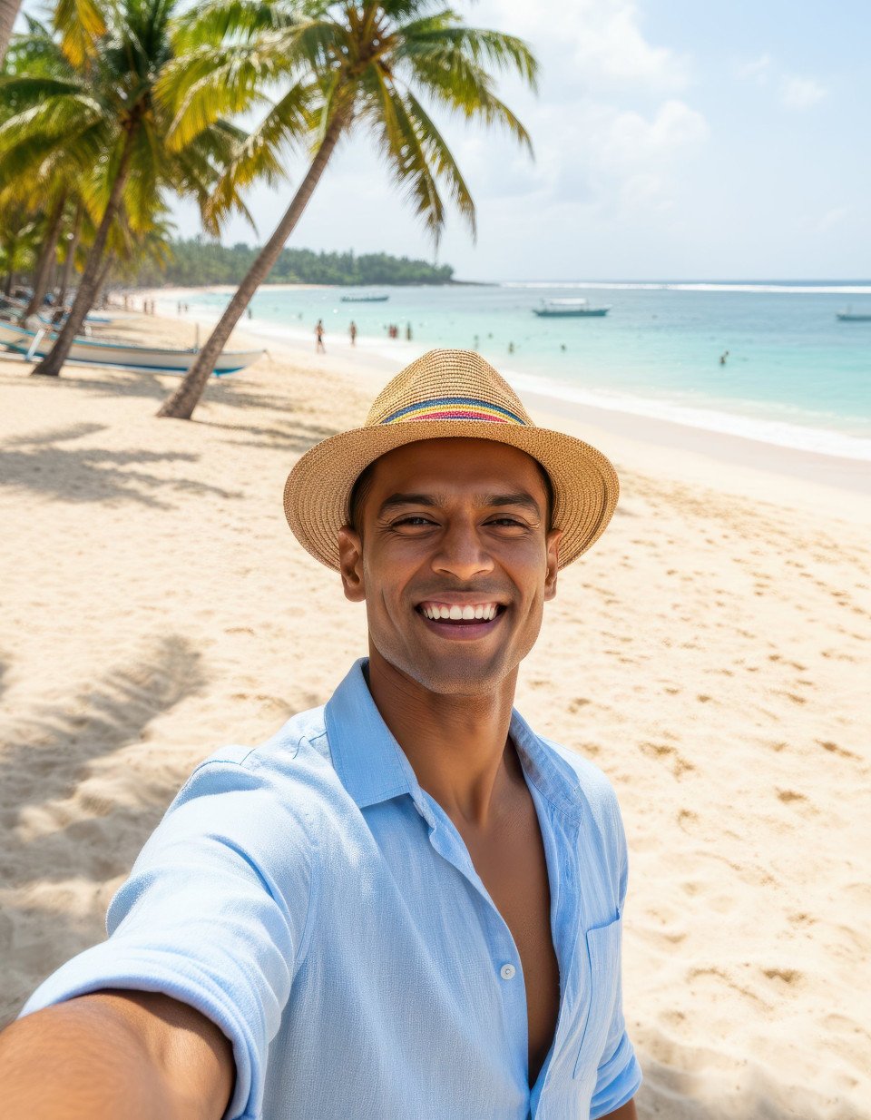 Travel selfie of beach lover at bali palm fringed beaches google gemini prompt