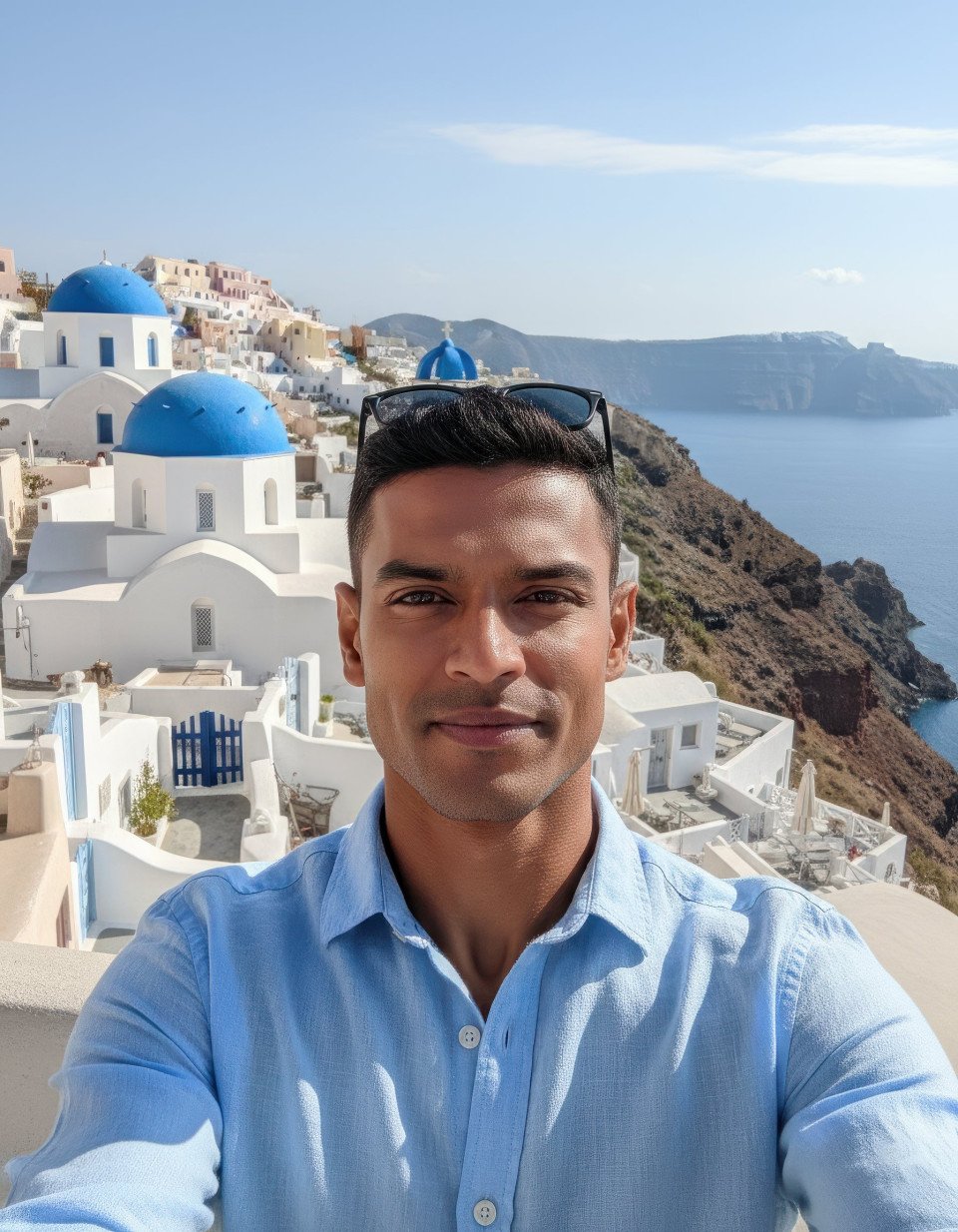 Travel selfie of vacationer in santorini white washed buildings with blue domes google gemini prompt