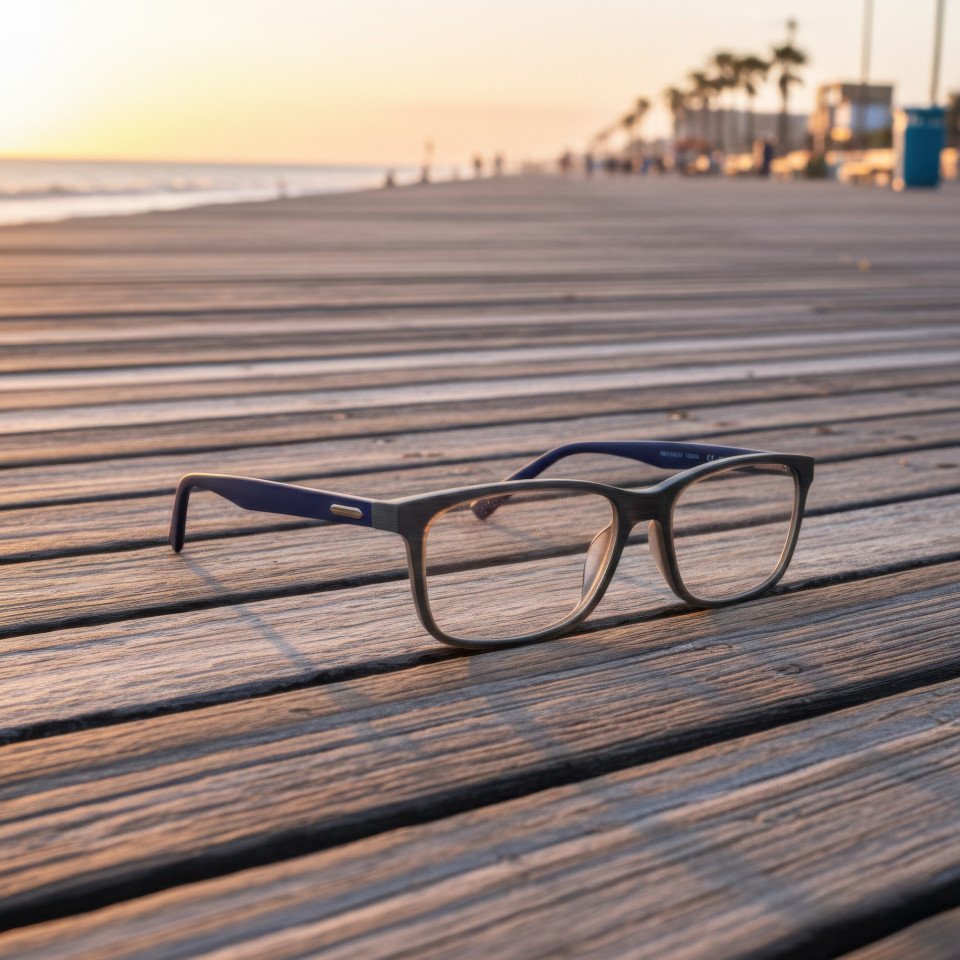 Eyewear on beachfront boardwalk sunset travel style google gemini prompt