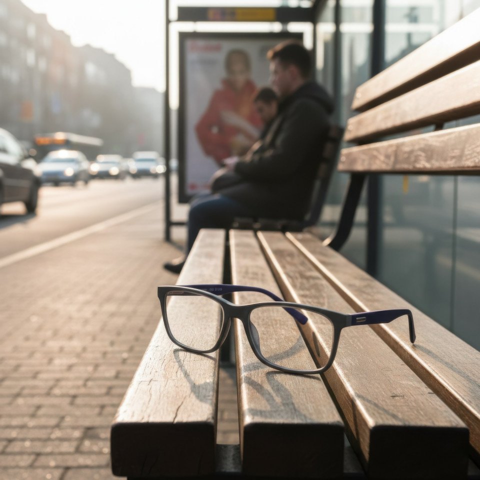 Eyewear at urban bus stop morning commute scene google gemini prompt