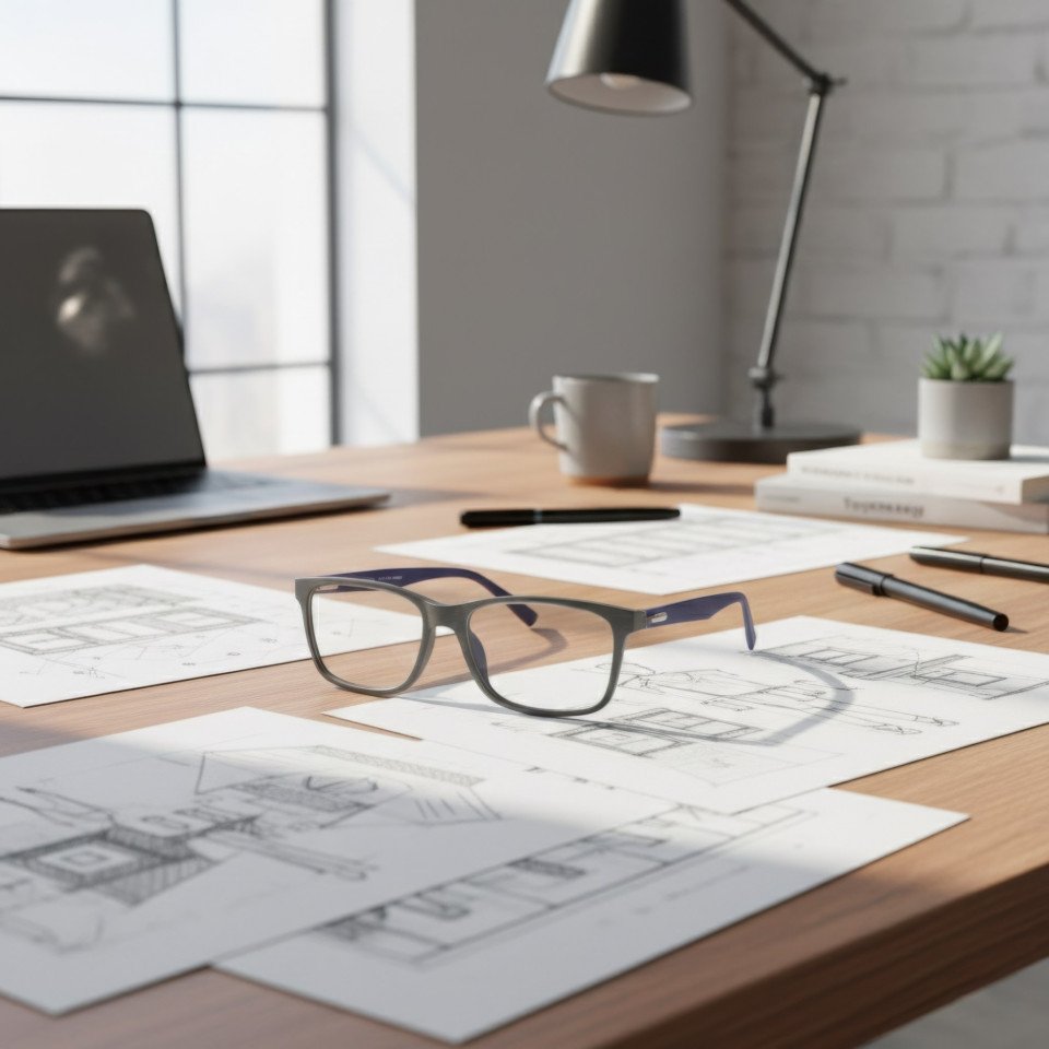 Eyewear on designer studio desk creative work scene google gemini prompt