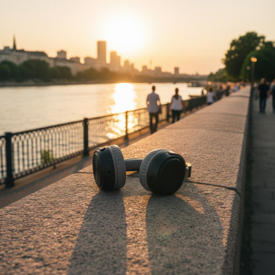 Wireless headphones at riverside promenade sunset lifestyle google gemini prompt